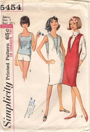 1960's Simplicity Square Neck Top, Shorts and Jumper Dress - Bust 30.5" - No. 5454