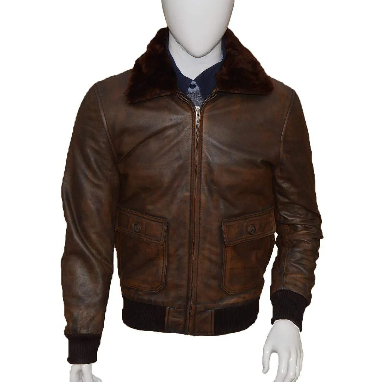 A2 Navy Distressed Brown Bomber Lambskin Leather Jacket