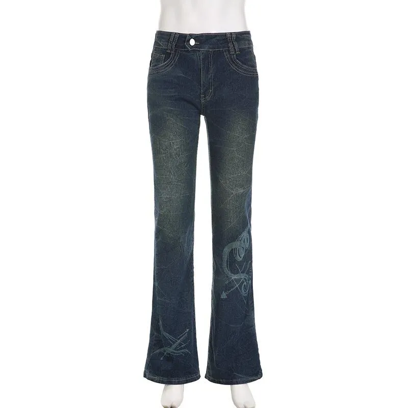 Abstract contrast low rise flared jeans