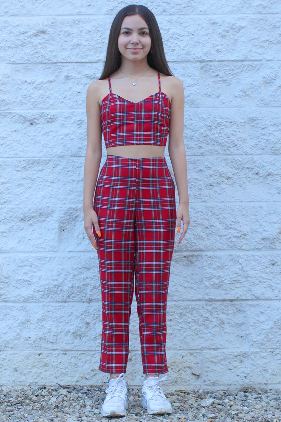 Adjustable Cami Top and Pants - Red Plaid