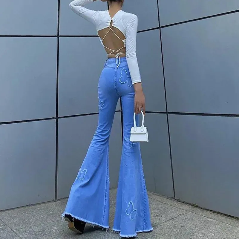 Advbridge Fashion Slim High Waist Flared Jeans Women Vintage Solid Denim Bell Bottom Pants Casual Trendy Butt Lifting Trousers Tall Girl