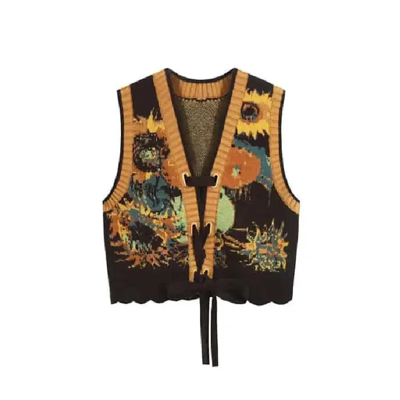 Aesthetic Floral Jacquard Knitted V Neck Vest