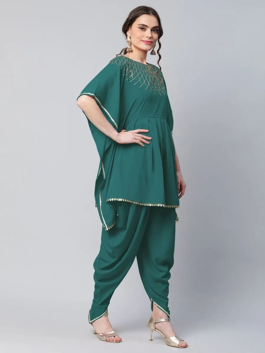 Ahalyaa Women Dark Green Crepe Glitter Printed Kurta with Dhoti Pants