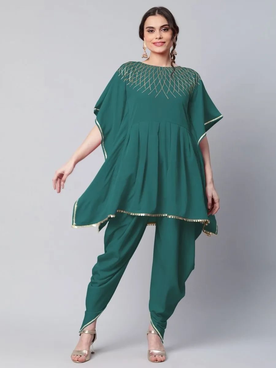 Ahalyaa Women Dark Green Crepe Glitter Printed Kurta with Dhoti Pants