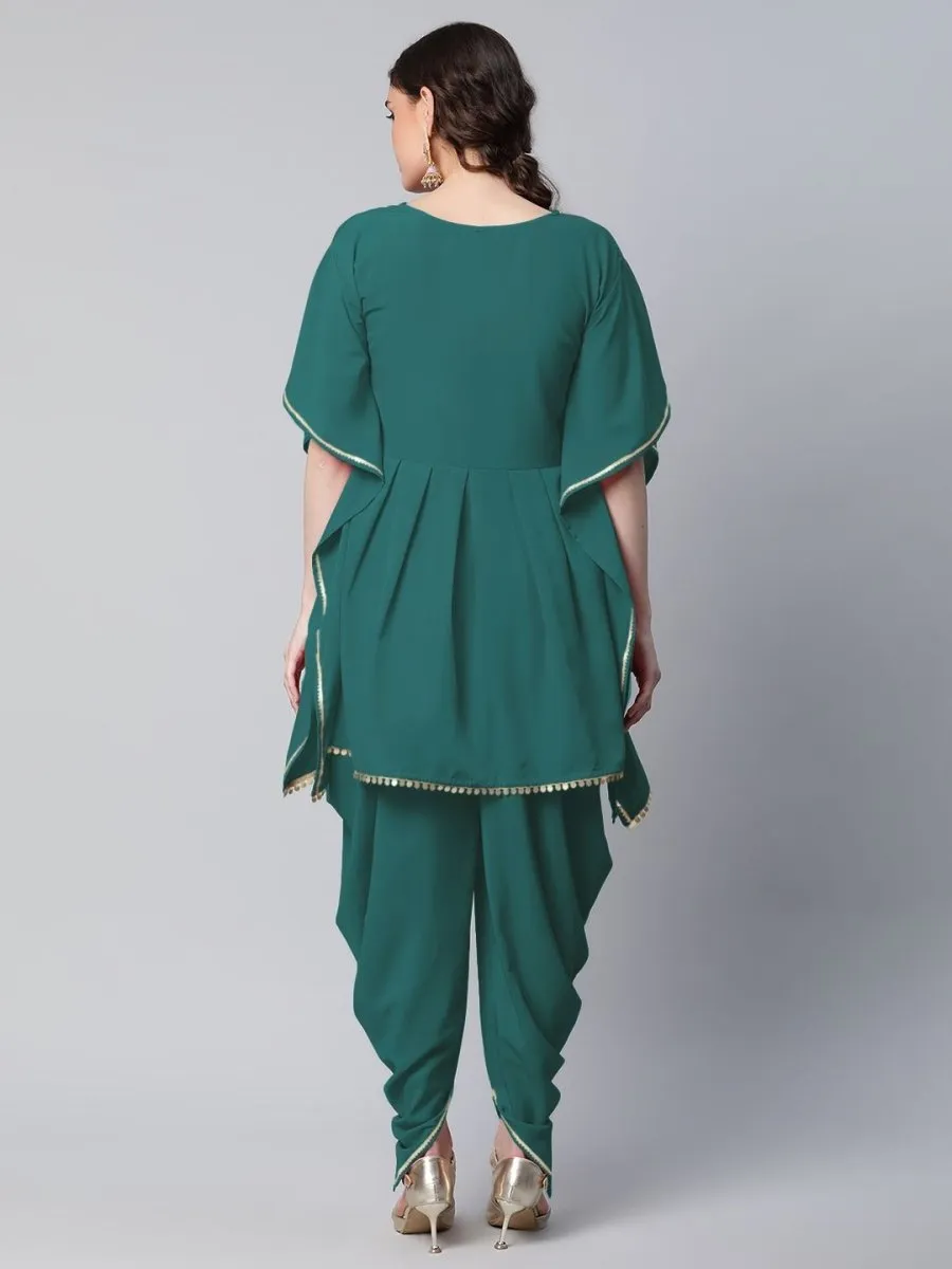 Ahalyaa Women Dark Green Crepe Glitter Printed Kurta with Dhoti Pants