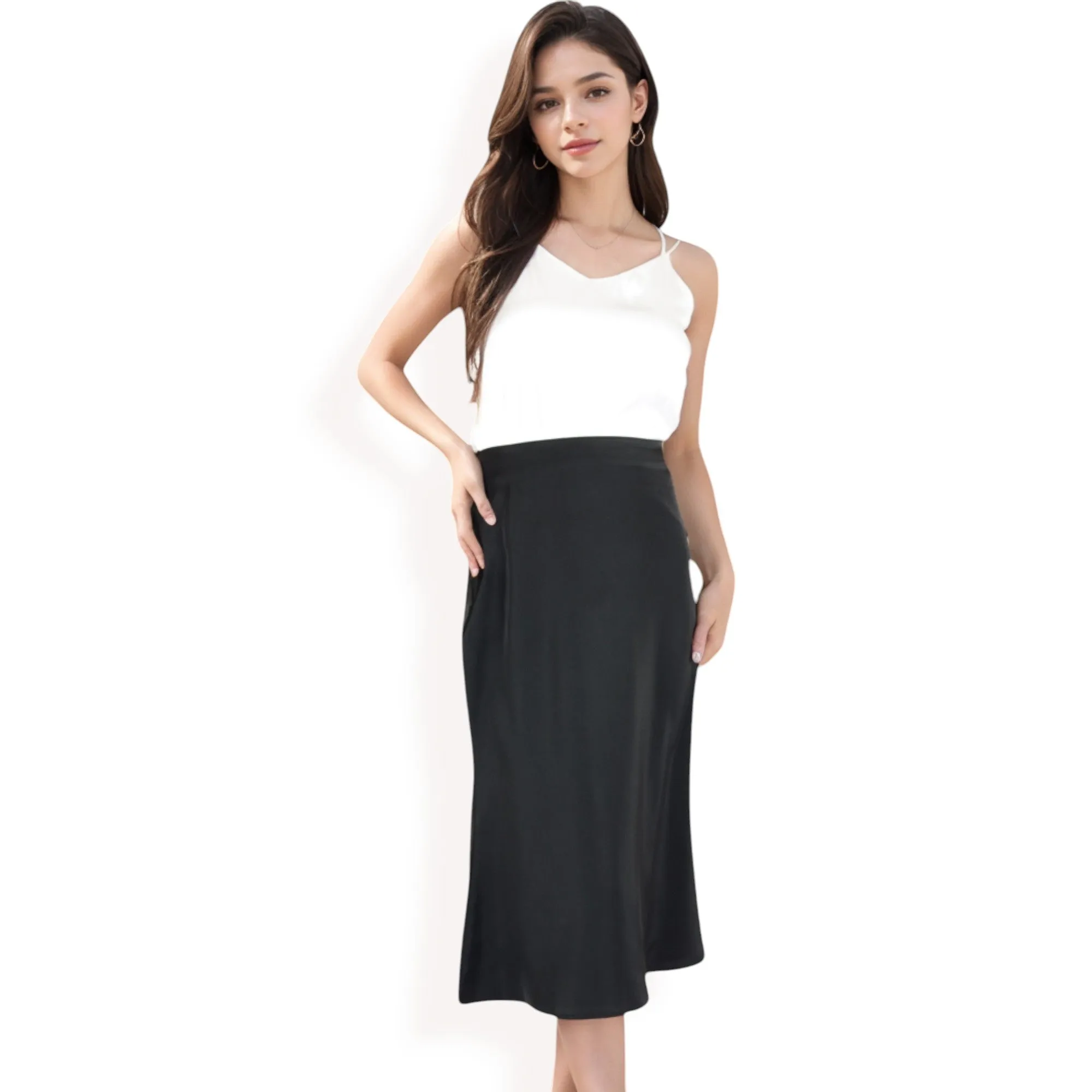 Anna-Kaci Women's Satin Midi Skirt With A-Line Silhouette And Elastic Waistband