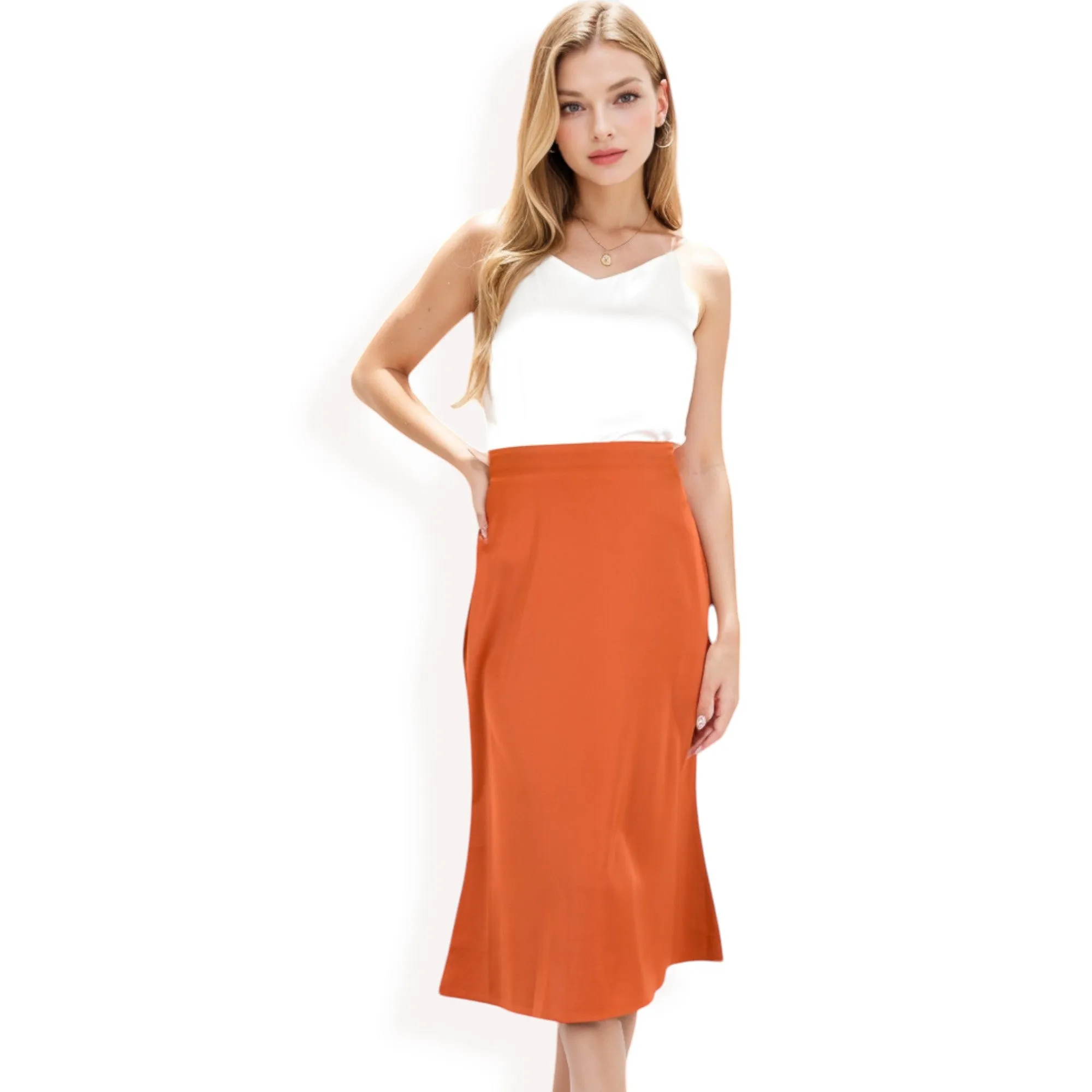 Anna-Kaci Women's Satin Midi Skirt With A-Line Silhouette And Elastic Waistband