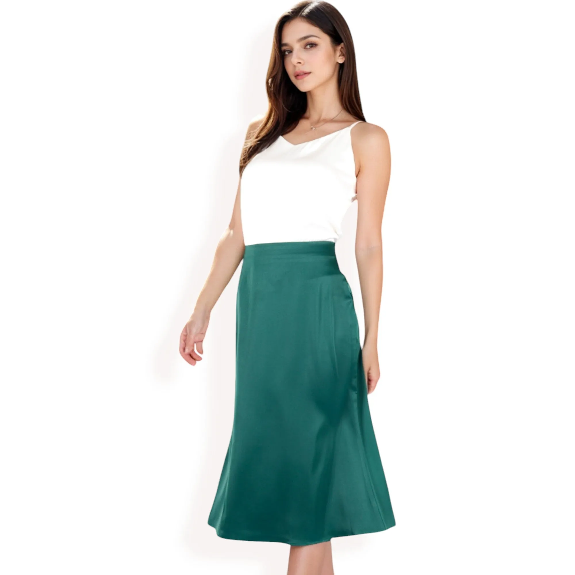 Anna-Kaci Women's Satin Midi Skirt With A-Line Silhouette And Elastic Waistband