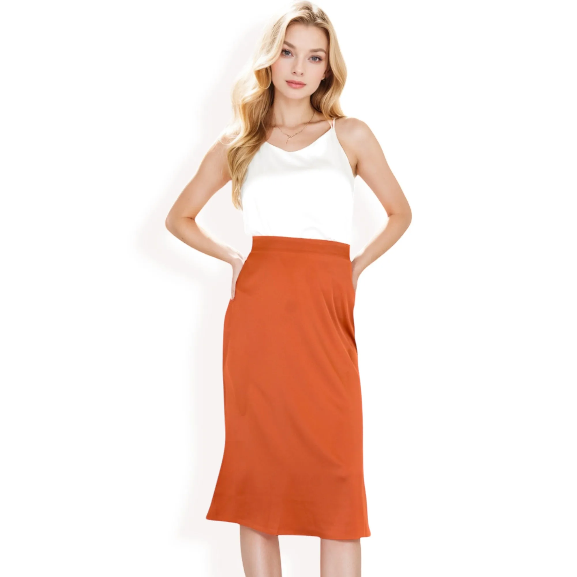 Anna-Kaci Women's Satin Midi Skirt With A-Line Silhouette And Elastic Waistband