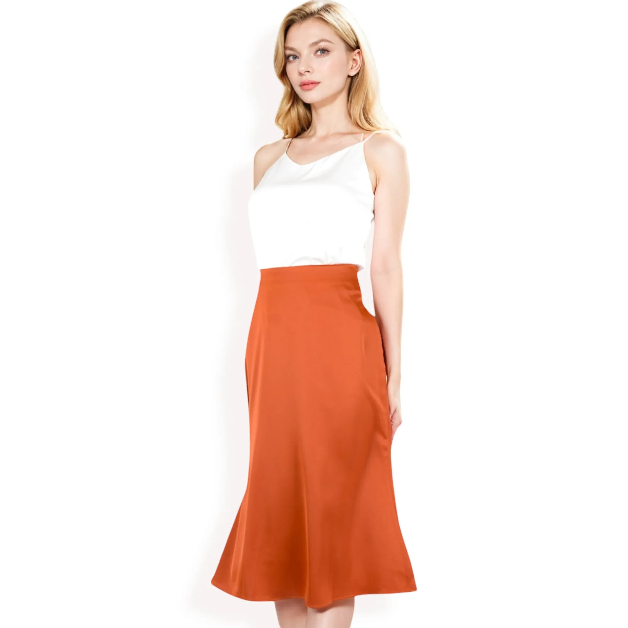 Anna-Kaci Women's Satin Midi Skirt With A-Line Silhouette And Elastic Waistband