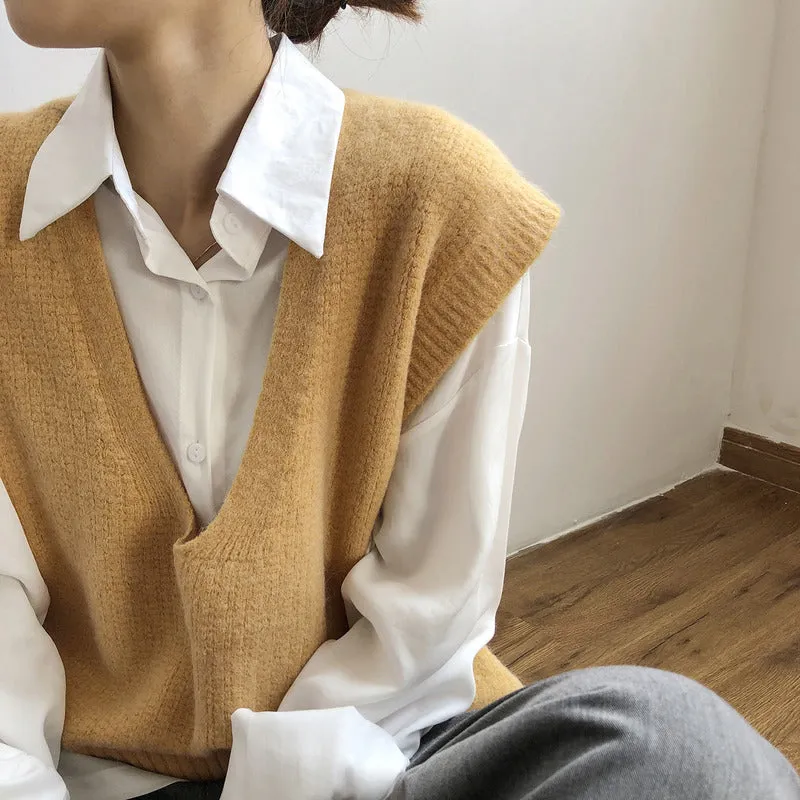 Antiwrinkle knitted vest knitwear forked hem V-neck Korean loose fit woolen sweater long top for women