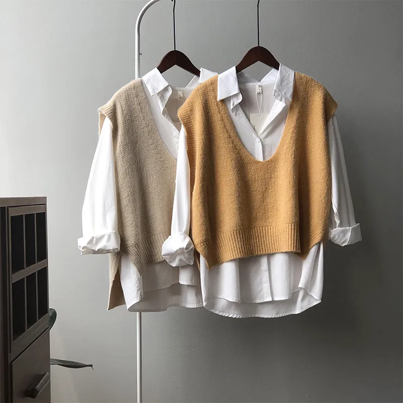 Antiwrinkle knitted vest knitwear forked hem V-neck Korean loose fit woolen sweater long top for women