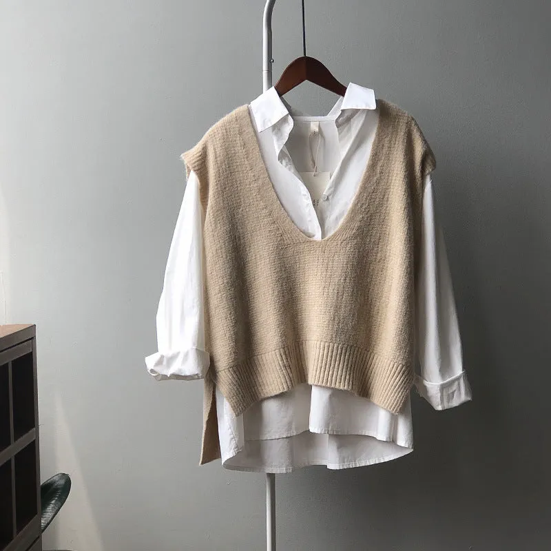 Antiwrinkle knitted vest knitwear forked hem V-neck Korean loose fit woolen sweater long top for women