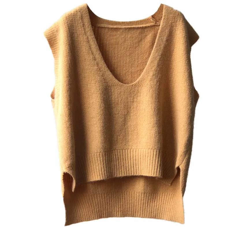 Antiwrinkle knitted vest knitwear forked hem V-neck Korean loose fit woolen sweater long top for women