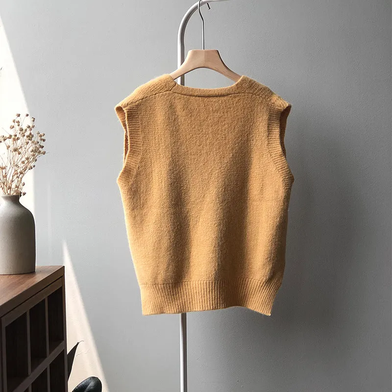 Antiwrinkle knitted vest knitwear forked hem V-neck Korean loose fit woolen sweater long top for women