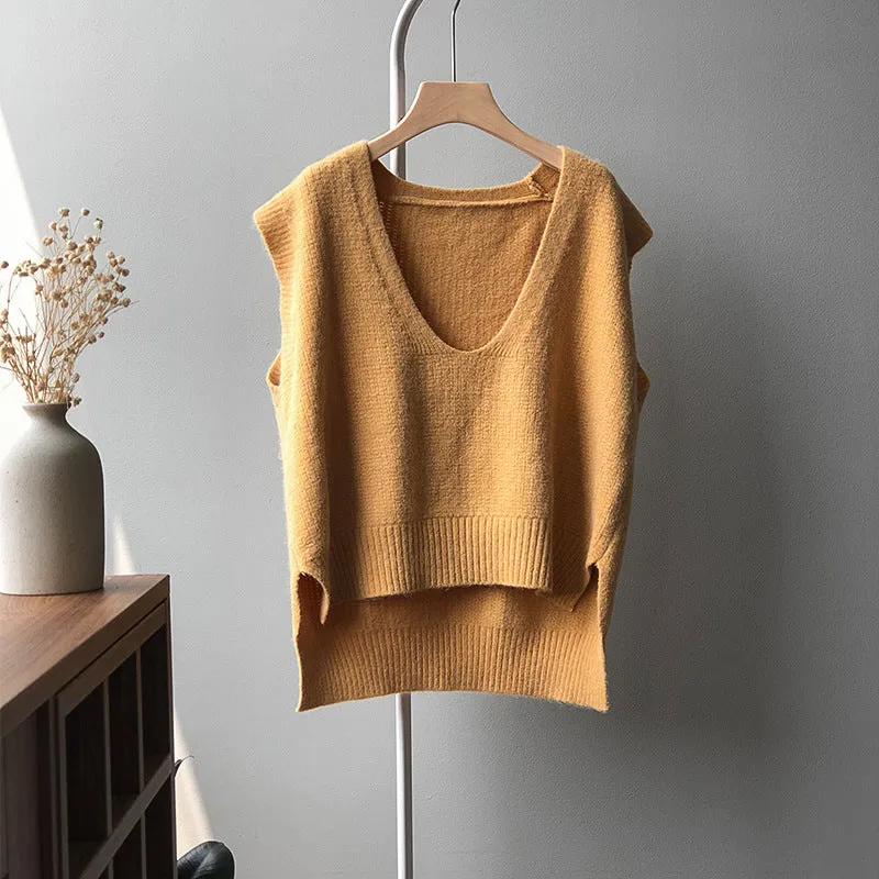 Antiwrinkle knitted vest knitwear forked hem V-neck Korean loose fit woolen sweater long top for women