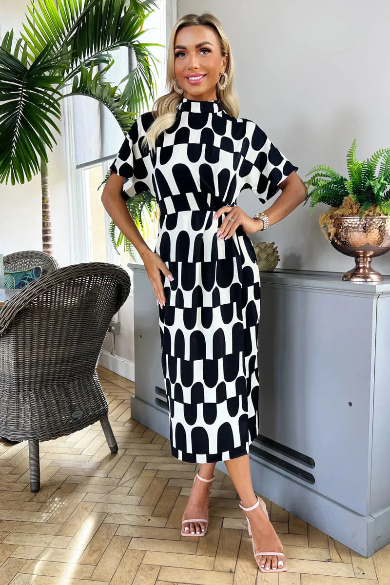 AX PARIS BLACK AND CREAM ABSTRACT PRINT HIGH NECK WRAP SKIRT MIDI DRESS