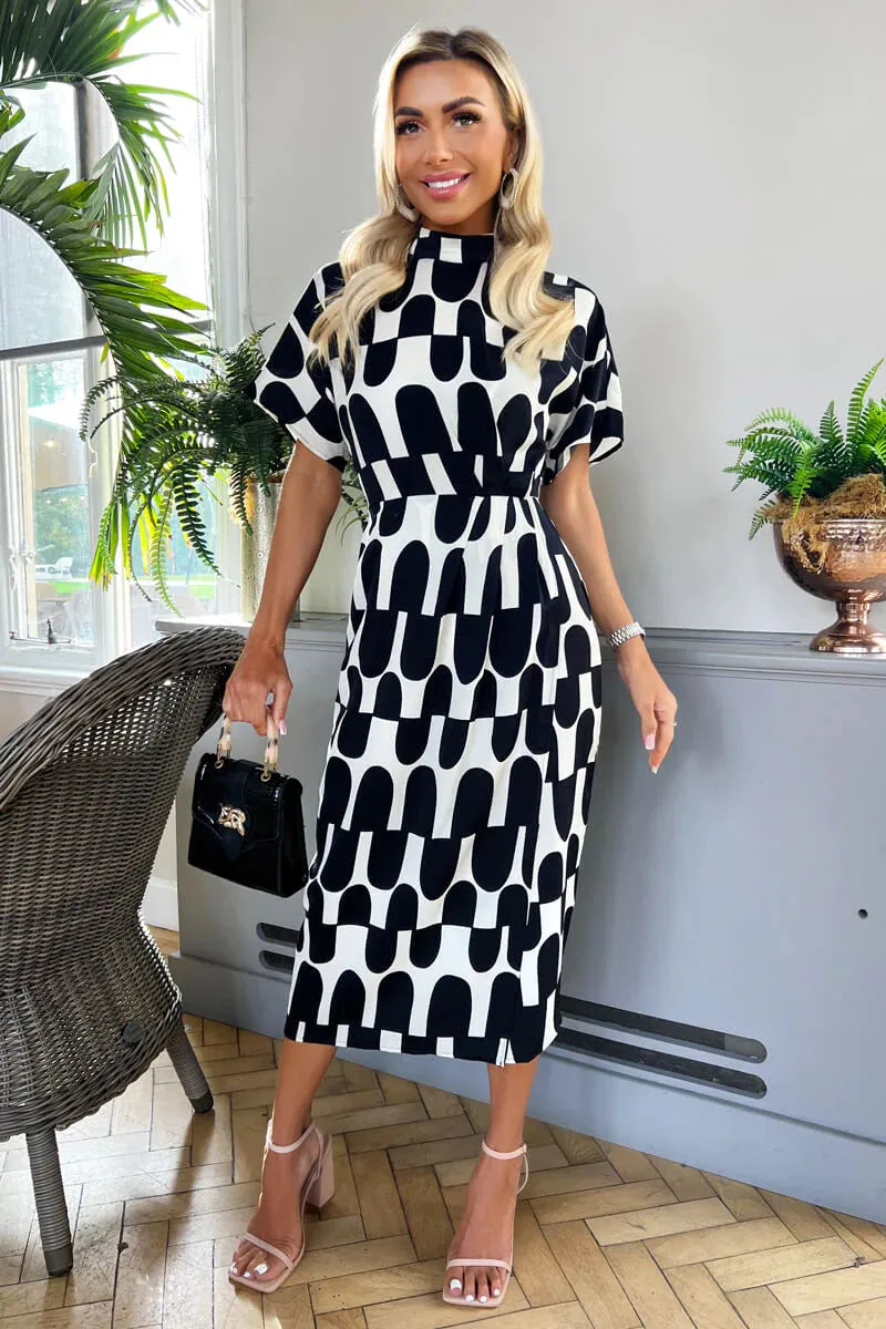 AX PARIS BLACK AND CREAM ABSTRACT PRINT HIGH NECK WRAP SKIRT MIDI DRESS