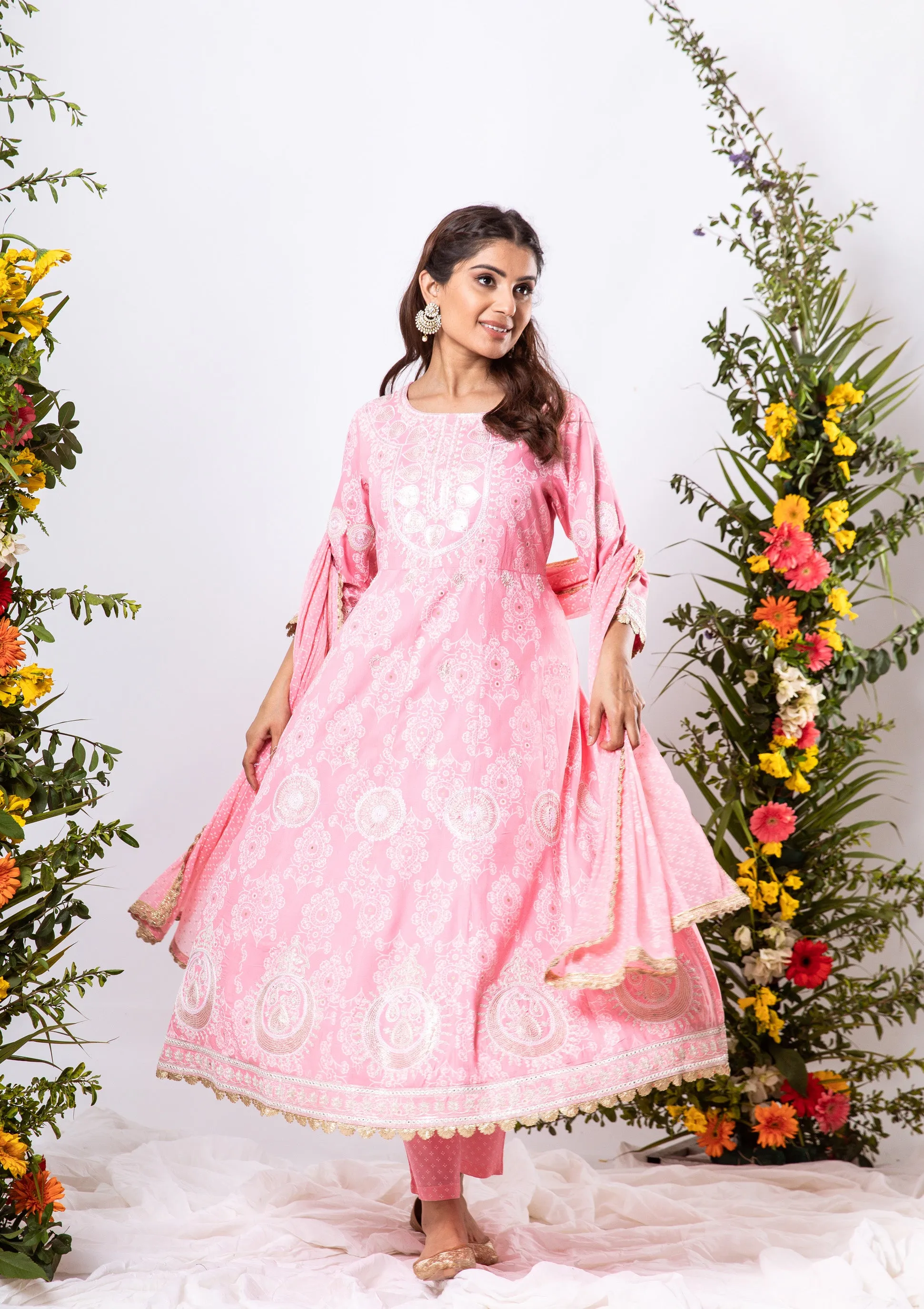 Ba-astur Women's Baby Pink Color Rayon Anarkali Kurta Pant Dupatta With Fancy Potli