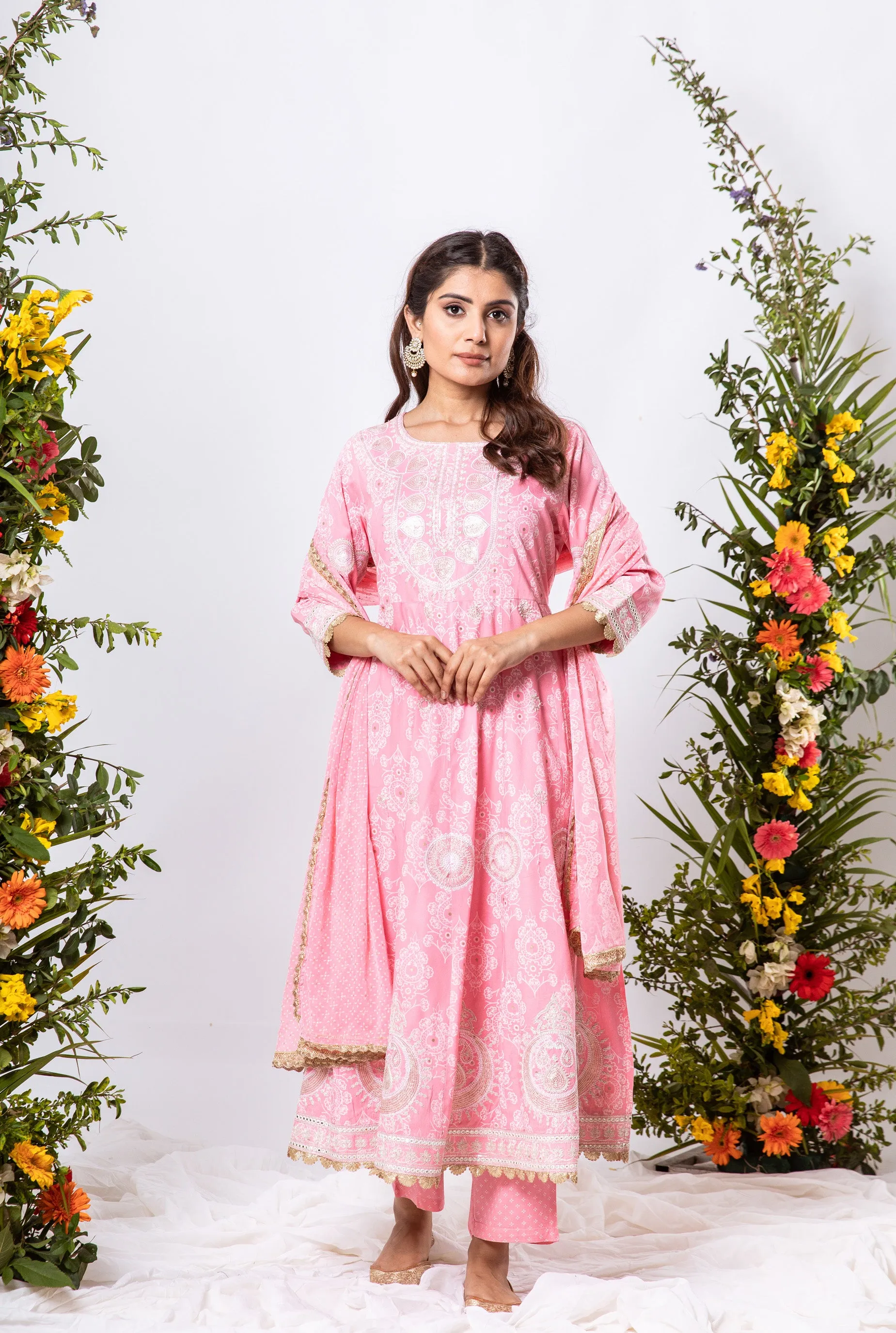 Ba-astur Women's Baby Pink Color Rayon Anarkali Kurta Pant Dupatta With Fancy Potli