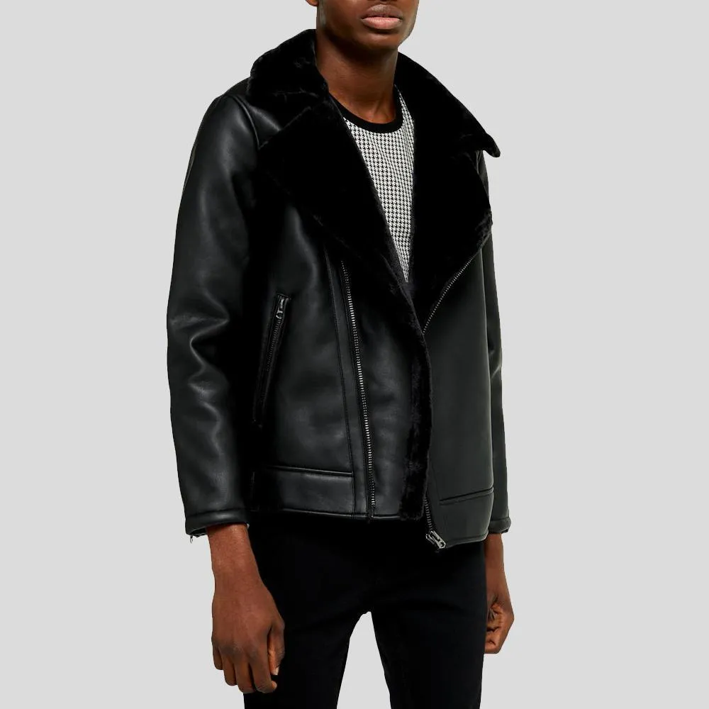 Bard Black Shearling Leather Jacket for Men