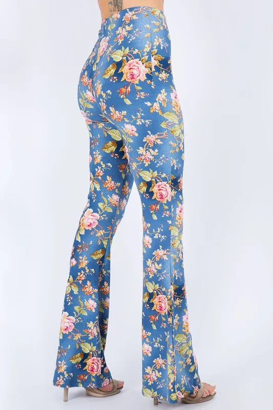 Bear Dance Roses 🌹 Print Skinny Brushed Pants - Blue Multi