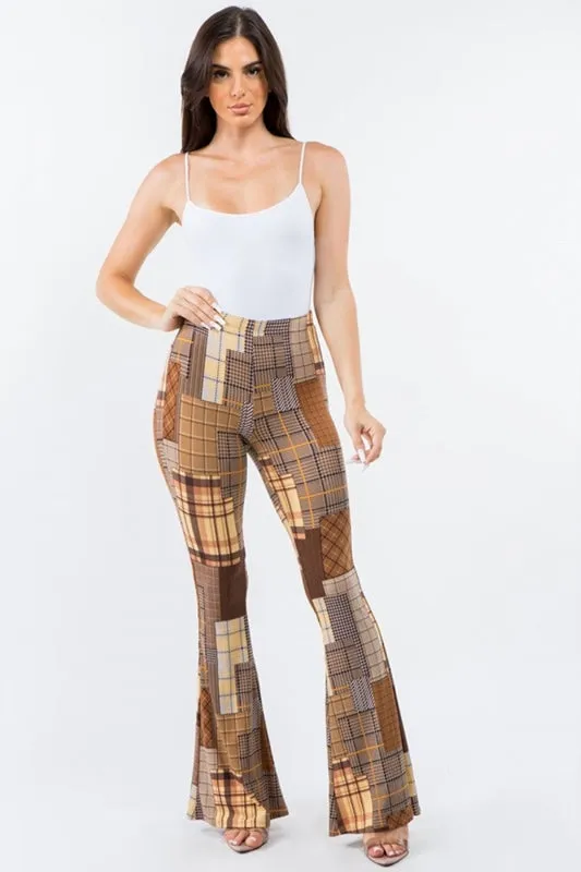 Bear Dance Skinny Brushed Pants - Brown Plaid Patchwork