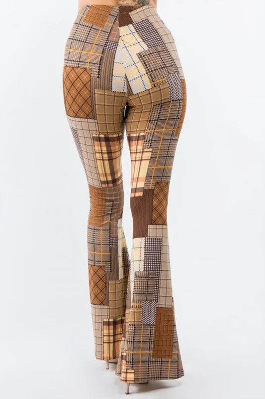 Bear Dance Skinny Brushed Pants - Brown Plaid Patchwork