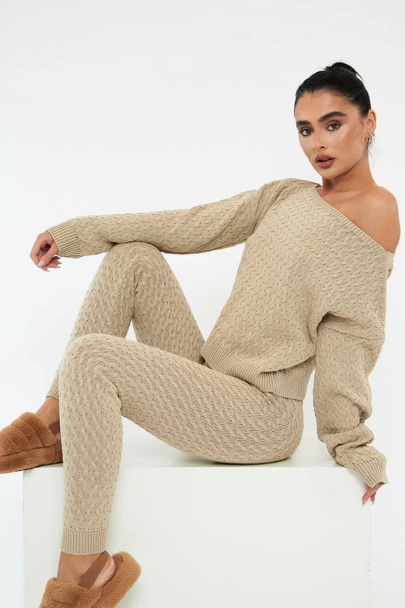 Beige Knit Cropped Jumper & Jogger Set - Kezzie