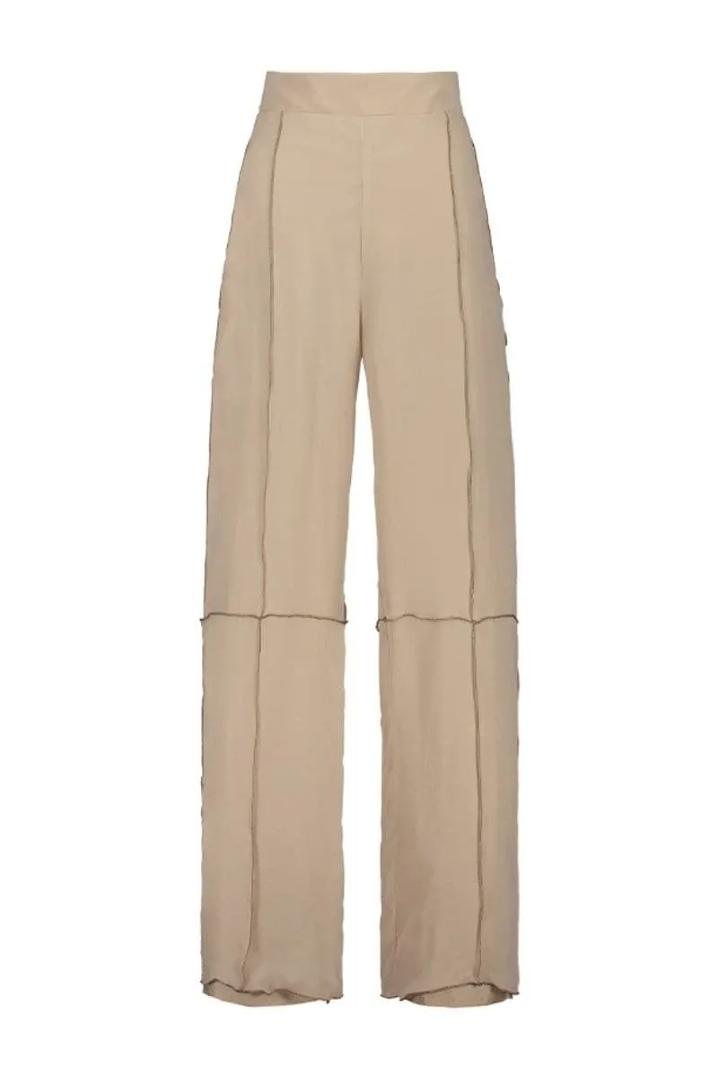 BEIGE TERY HIGH RISE STRAIGHT PANTS