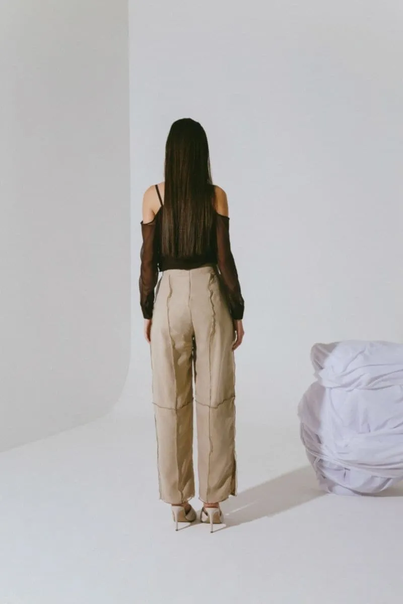 BEIGE TERY HIGH RISE STRAIGHT PANTS