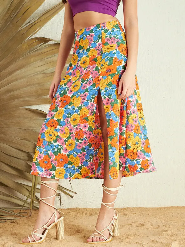 Berrylush Women Multicolour Floral Printed Crepe Thigh-High Slit Flared A-Line Midi Skirt