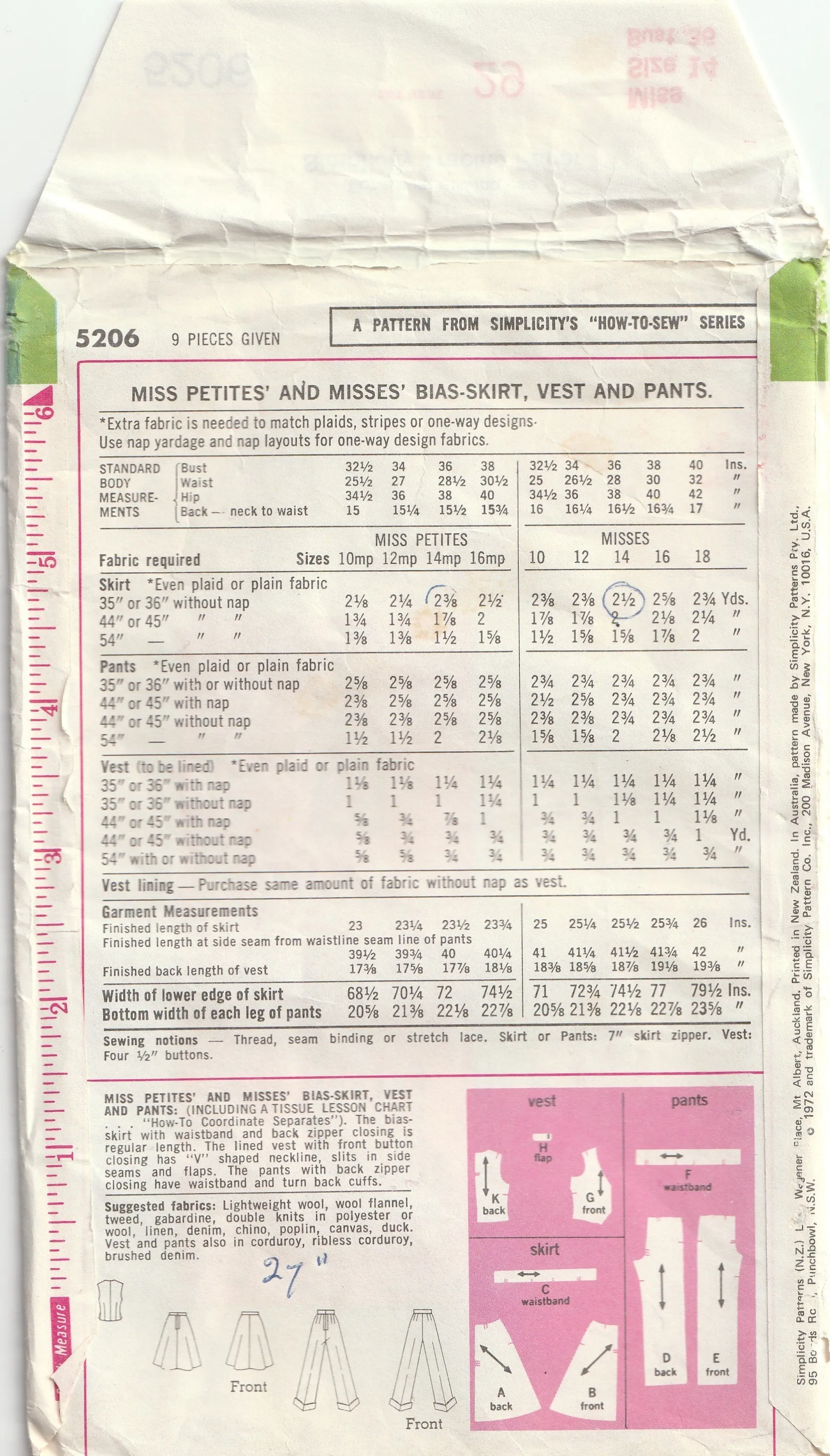 Bias Skirt, Vest & Pants - Bust 92 cm - Simplicity 5206 - 1972 - Uncut