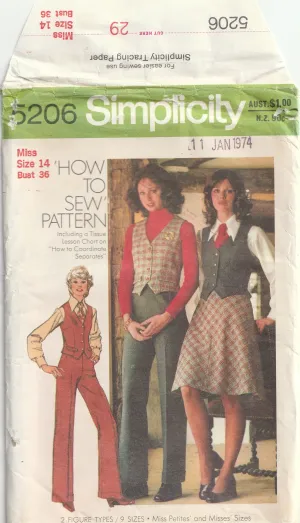 Bias Skirt, Vest & Pants - Bust 92 cm - Simplicity 5206 - 1972 - Uncut