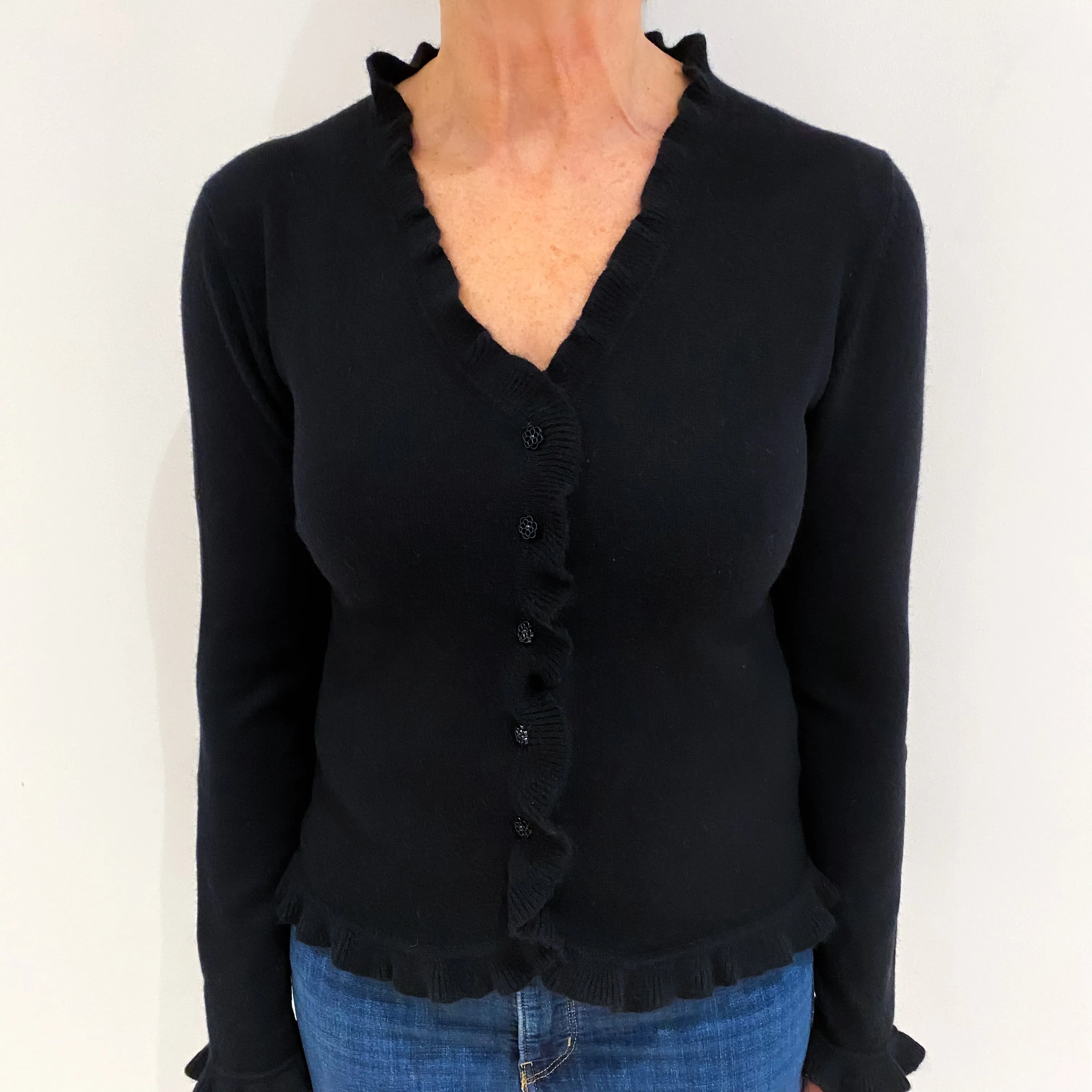 Black Cashmere Ruffle Edge V Neck Cardigan Medium