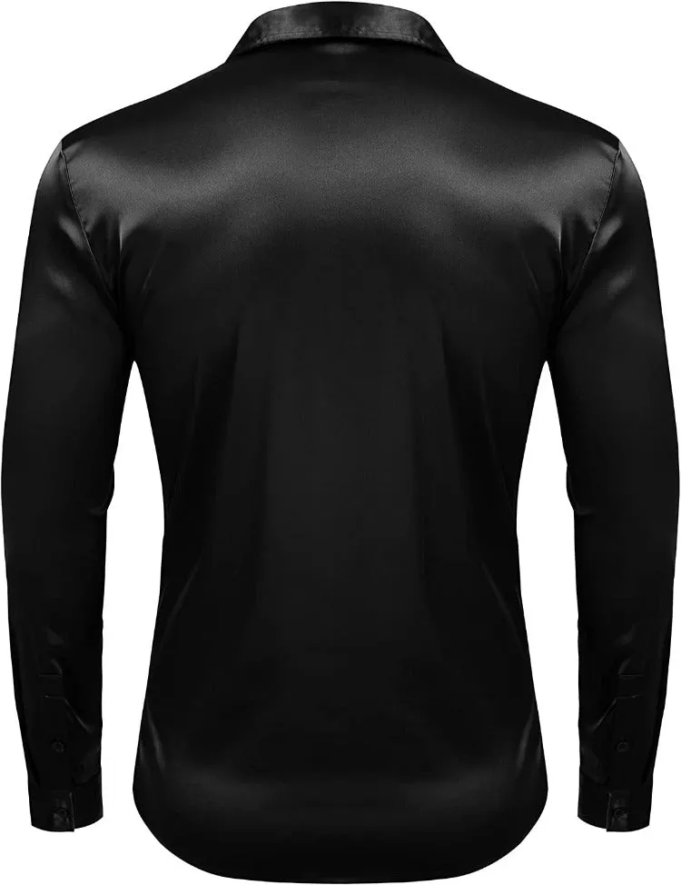 Black Men's Shiny Satin Silk Dress Shirt Long Sleeve Casual Slim Fit