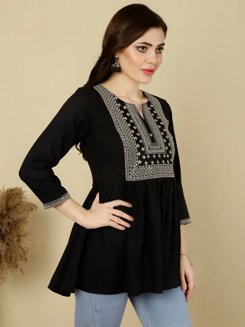 Black Rayon Embroidered Short Kurti Top