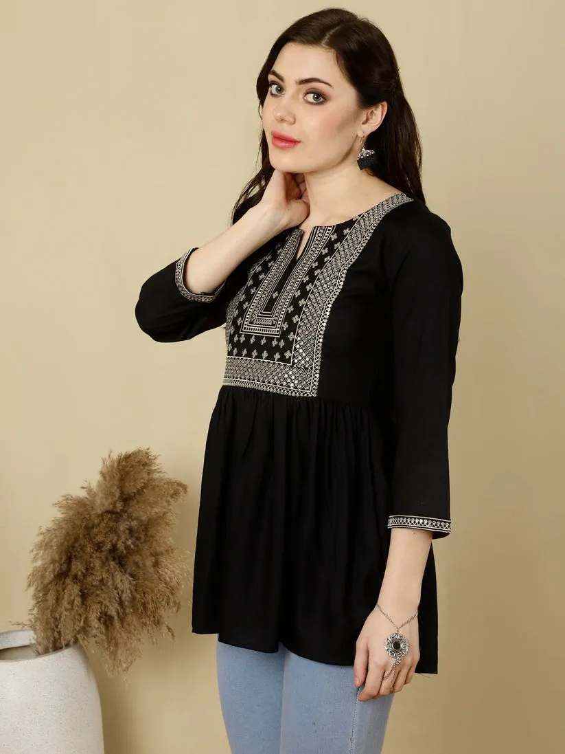 Black Rayon Embroidered Short Kurti Top