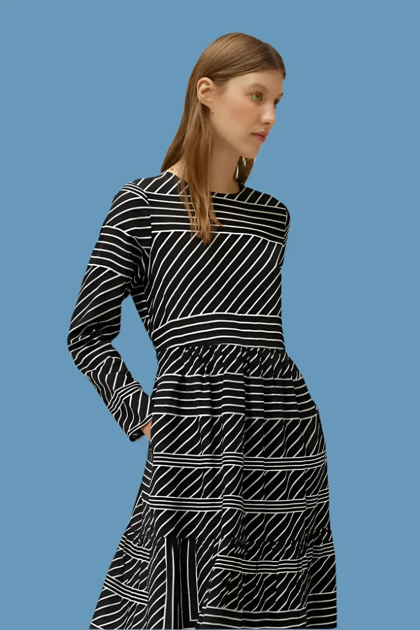 Black Stripe Print Midi Dress