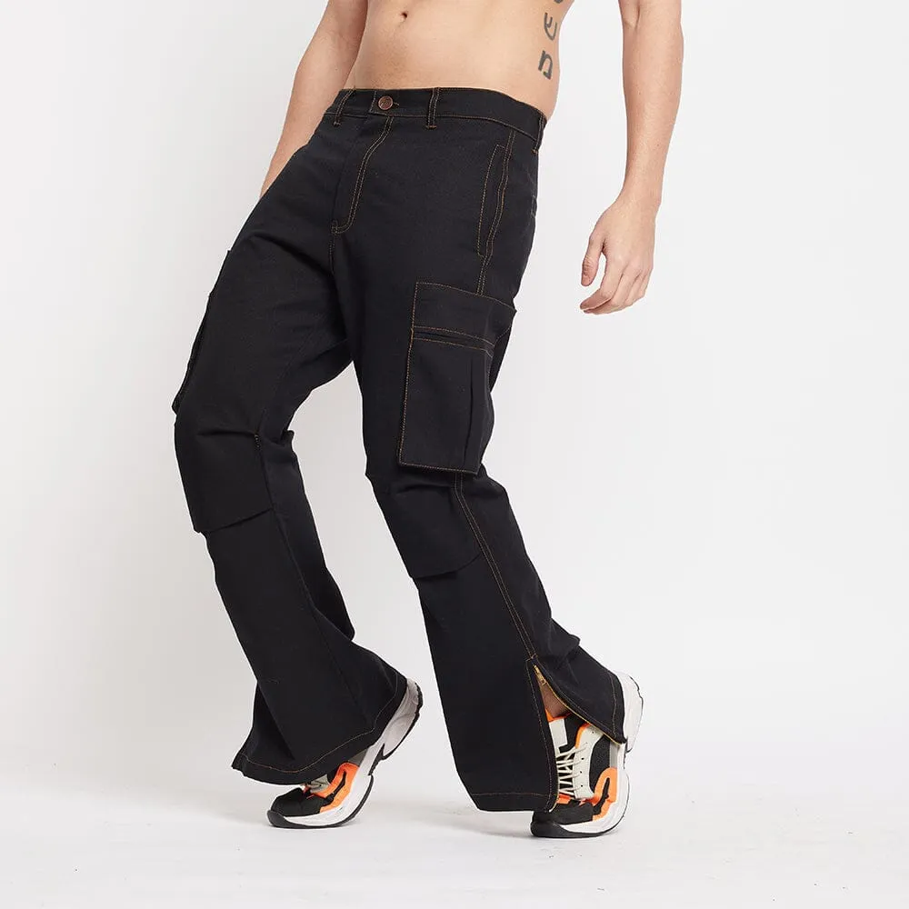 Black Twill Flared Cargo Pants