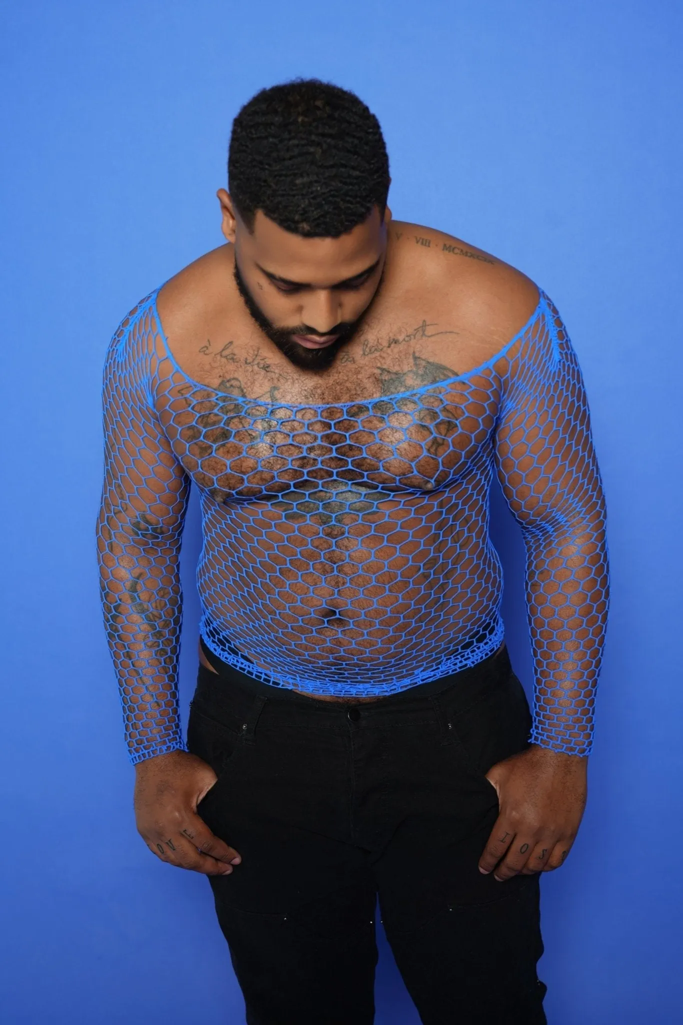 Blue Fishnet Mesh Bodysuit