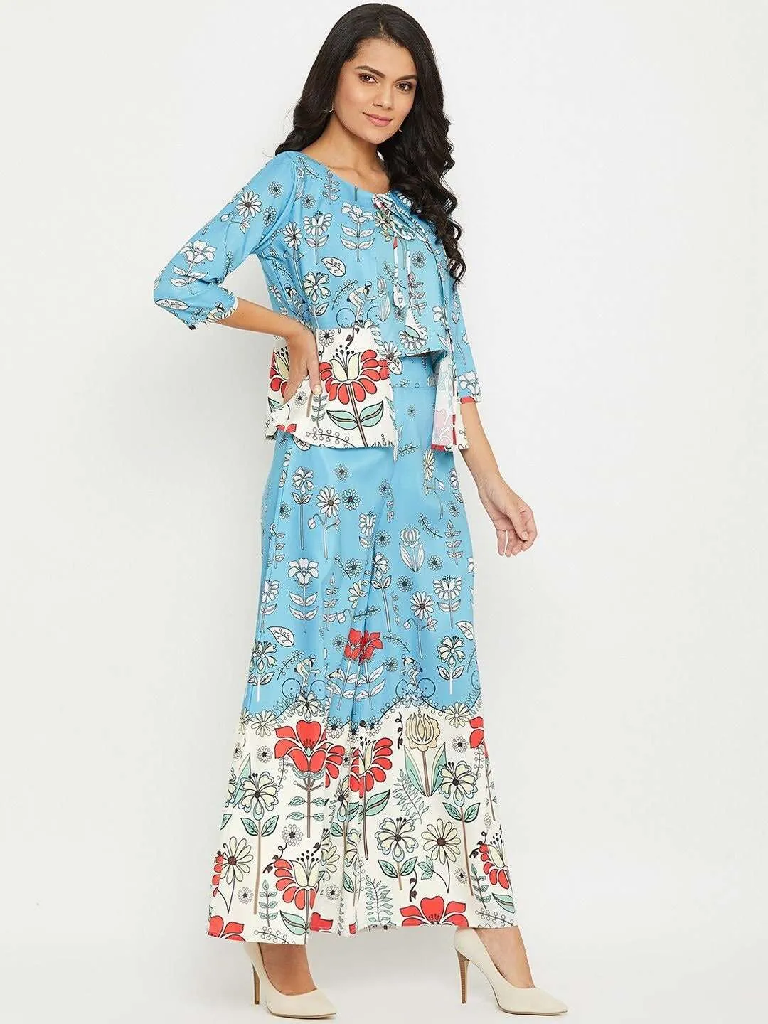 Blue Floral Printed Top with Skirt & Shrug Set| Co-ords Set