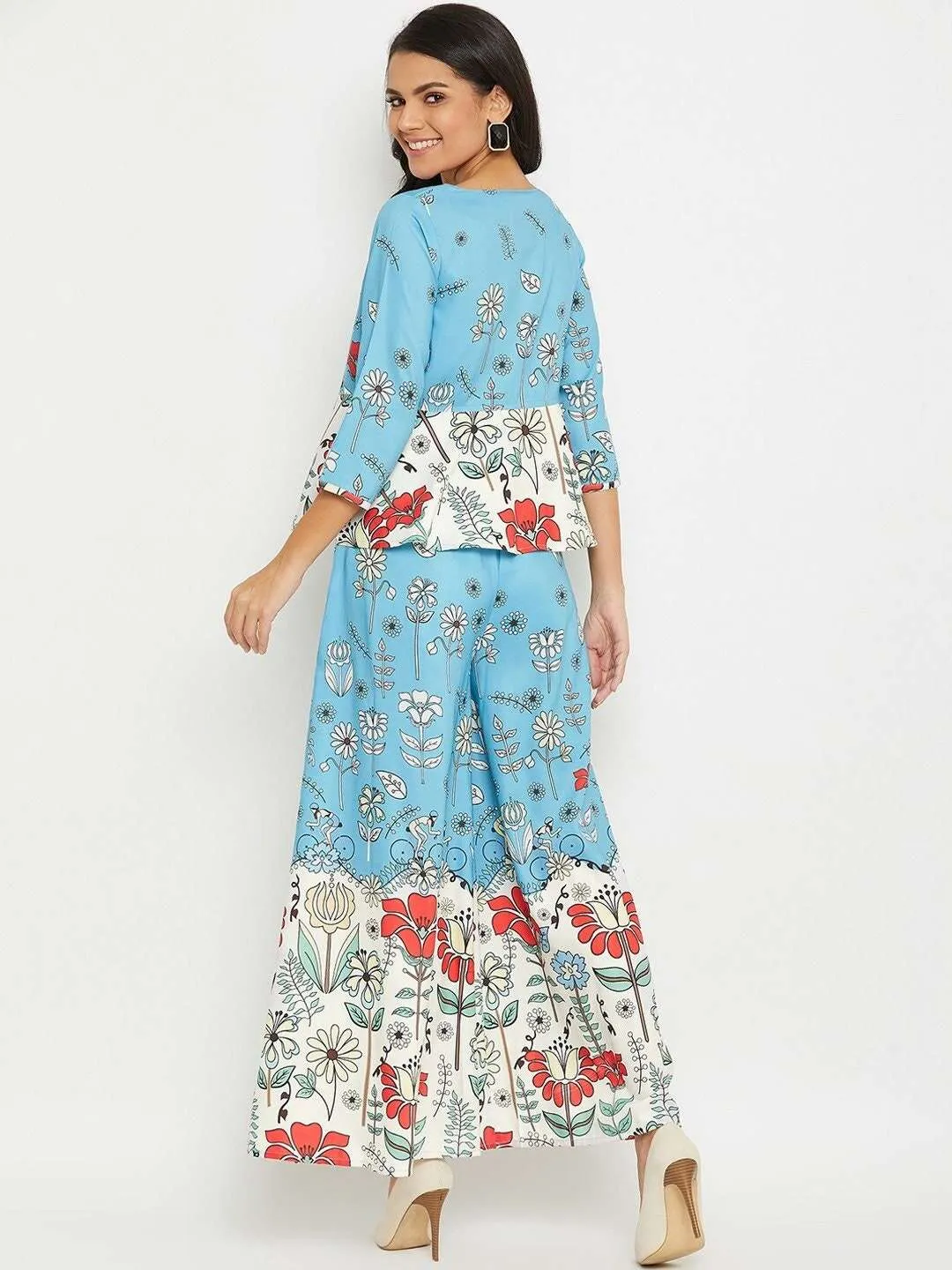 Blue Floral Printed Top with Skirt & Shrug Set| Co-ords Set