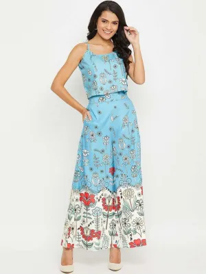 Blue Floral Printed Top with Skirt & Shrug Set| Co-ords Set