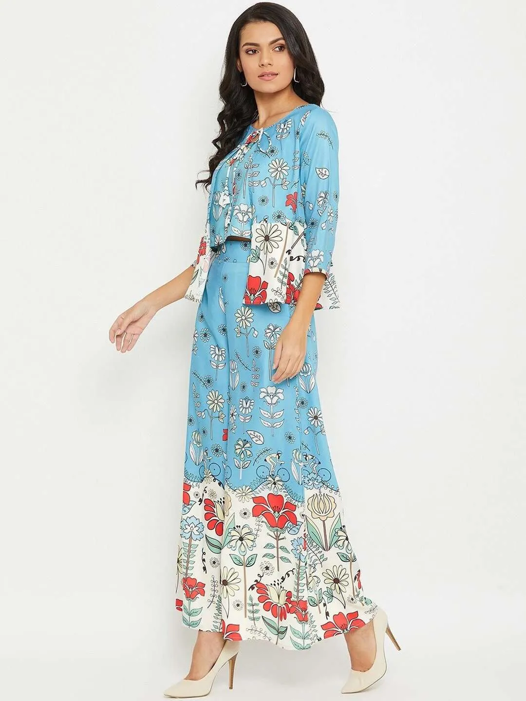 Blue Floral Printed Top with Skirt & Shrug Set| Co-ords Set