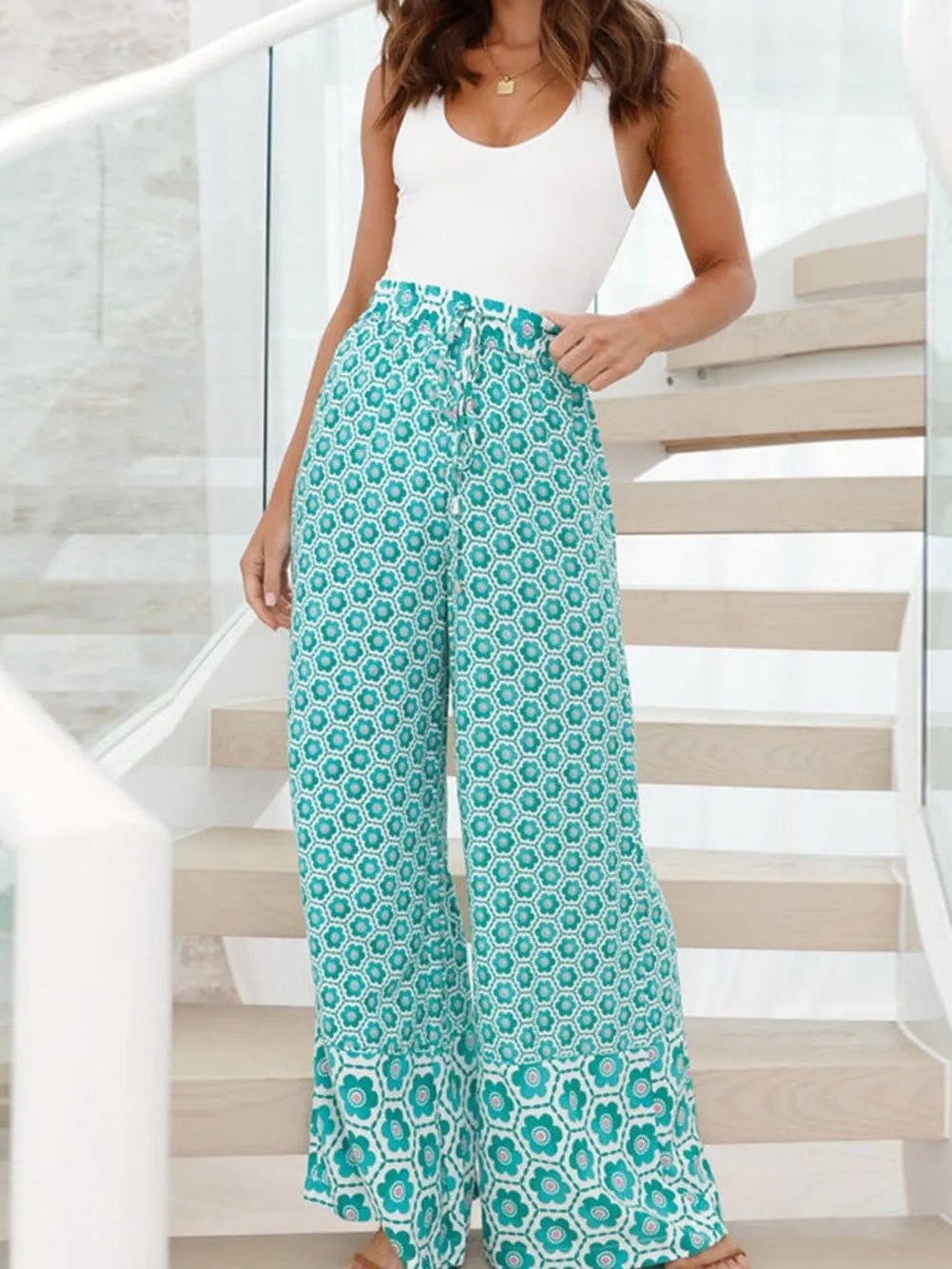 Bohemian Green Geometric Print Wide Leg Flared Pants with High Waist