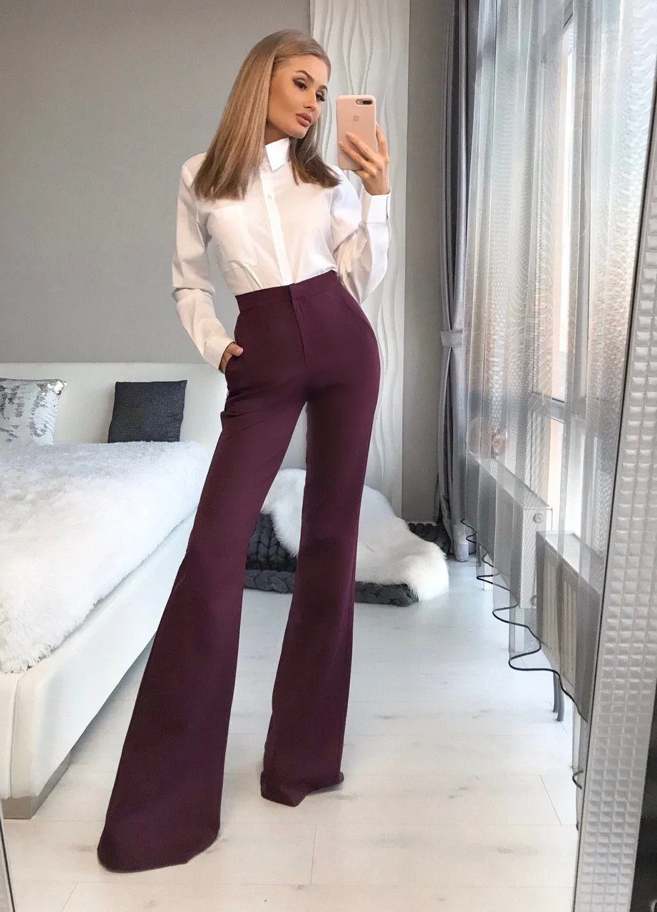 Bordeaux High Waist Fitted Flared Pants