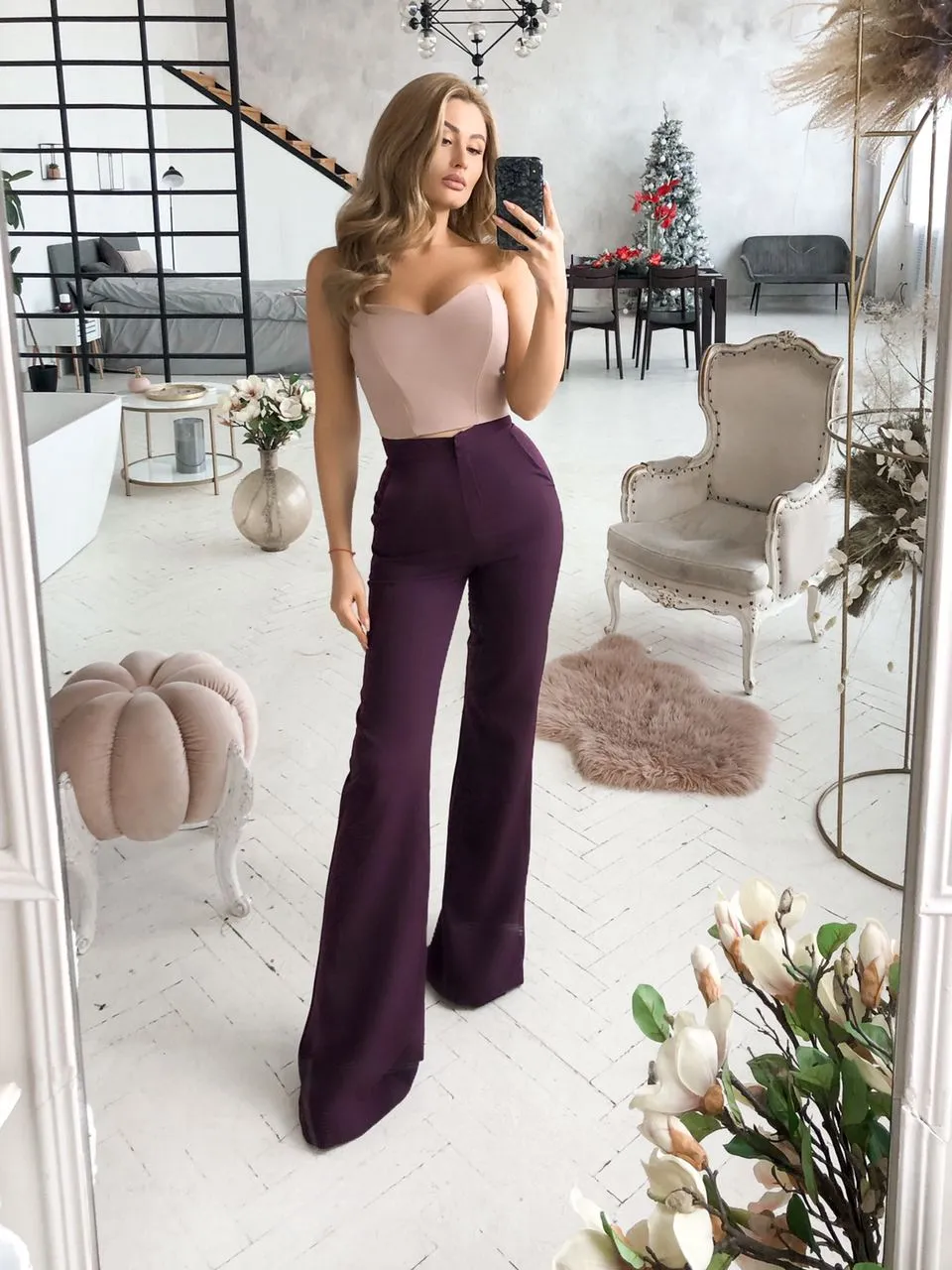 Bordeaux High Waist Fitted Flared Pants