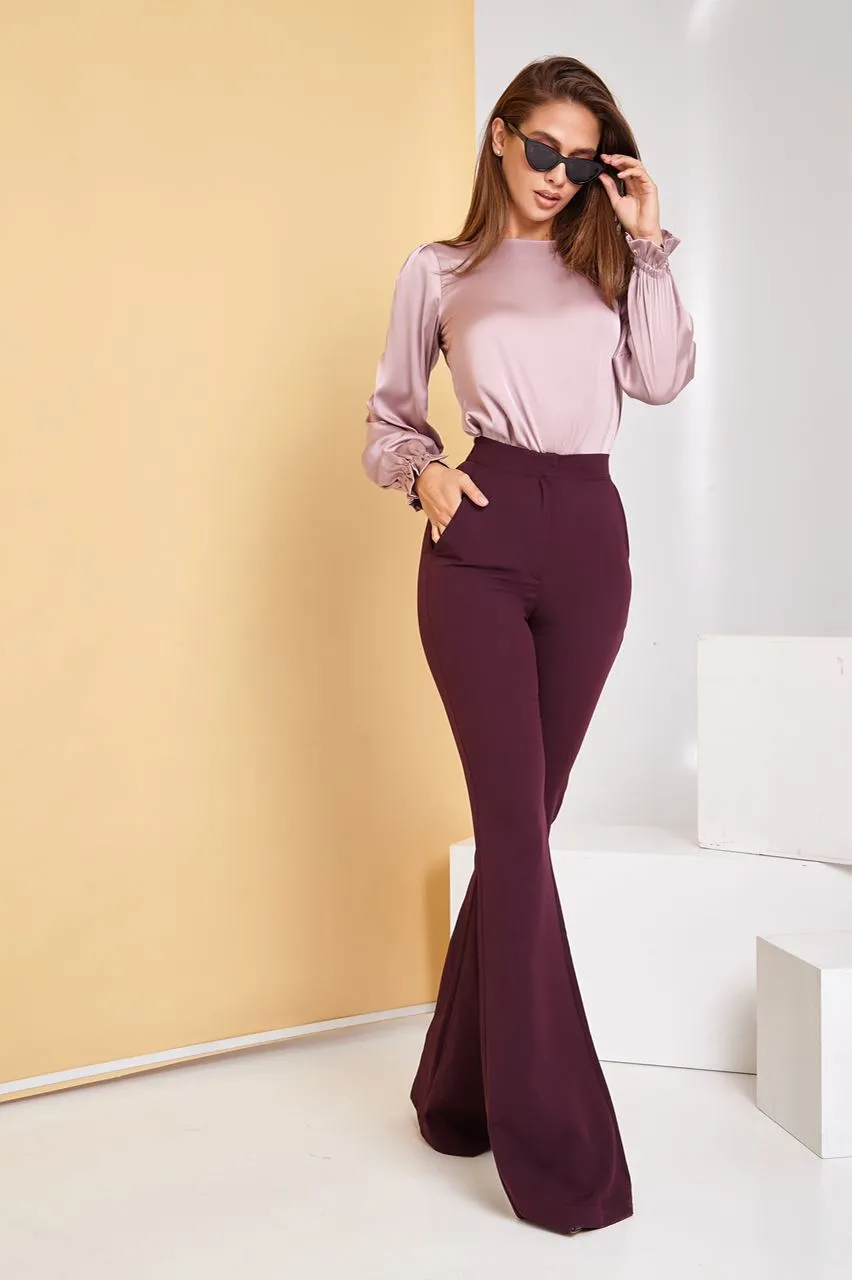 Bordeaux High Waist Fitted Flared Pants