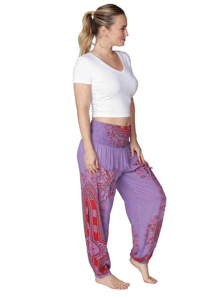 Brightly tie-dyed and printed smocked on top harem pant